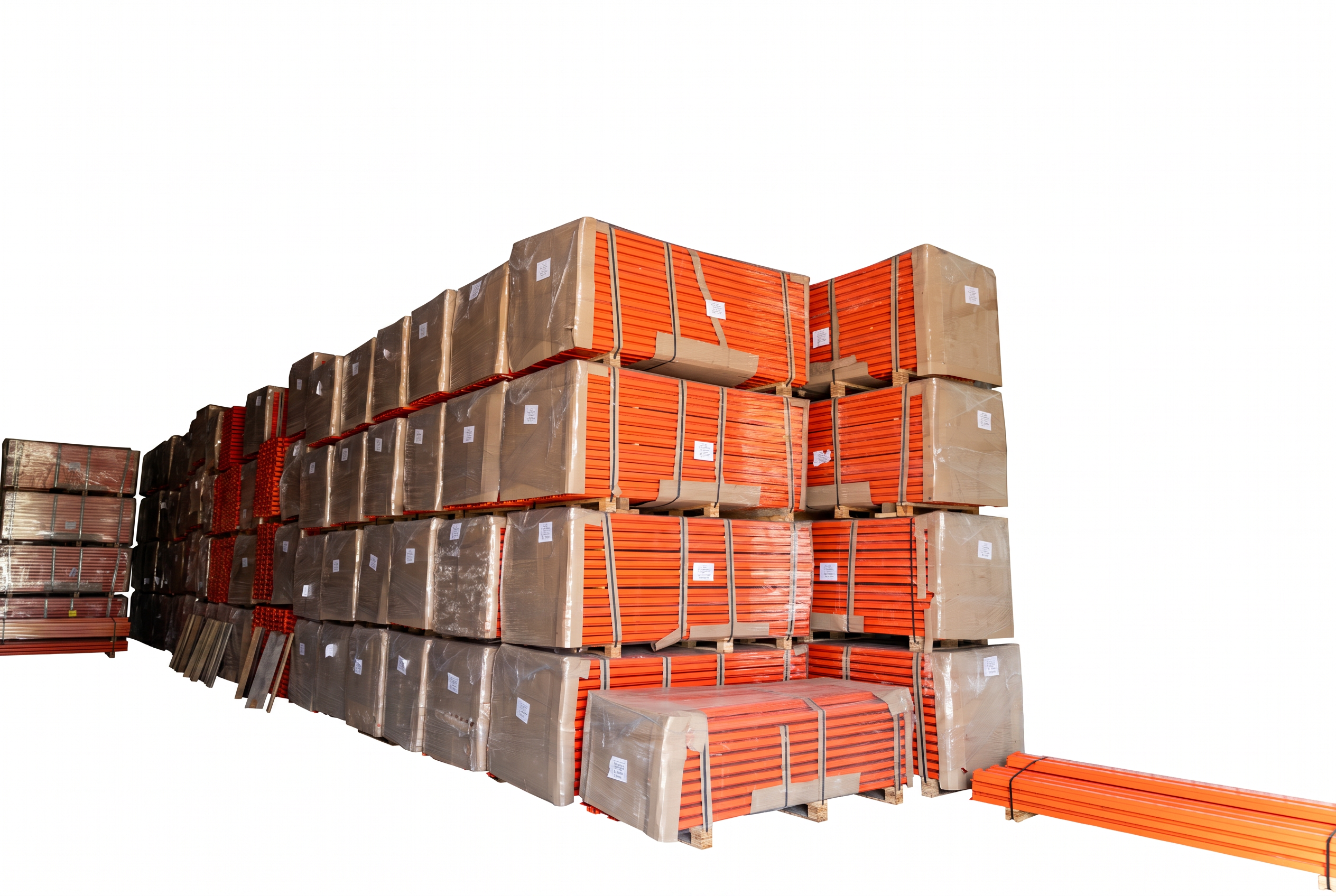 Warehouse inventory of NAWL orange pallet rack beams bundled on pallets