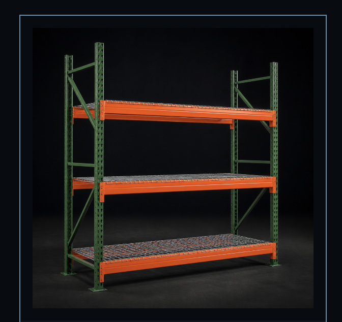 42 inch by 96 inch NAWL teardrop pallet rack kit with green upright frames, orange beams, and galvanized wire decking