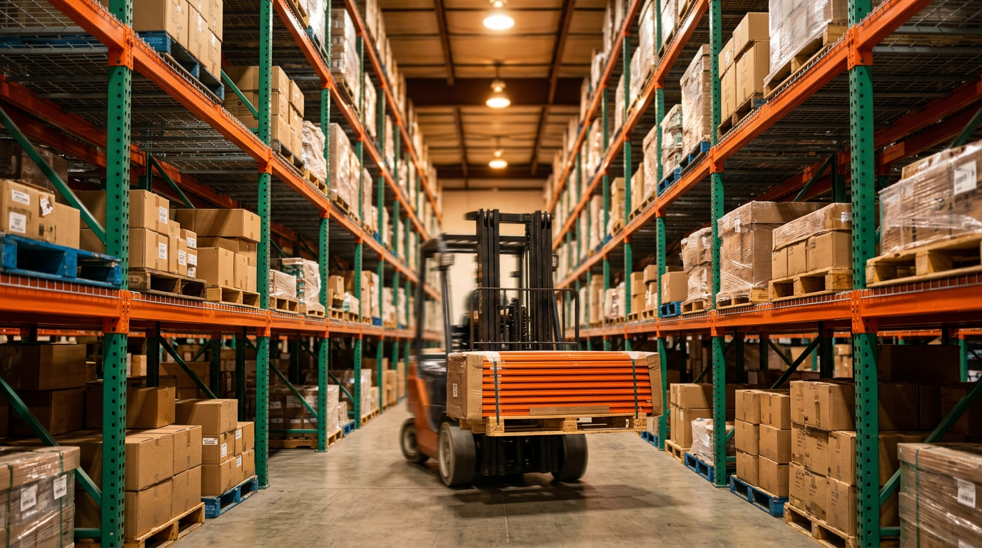 NAWL warehouse with green upright frames and orange teardrop pallet rack beams