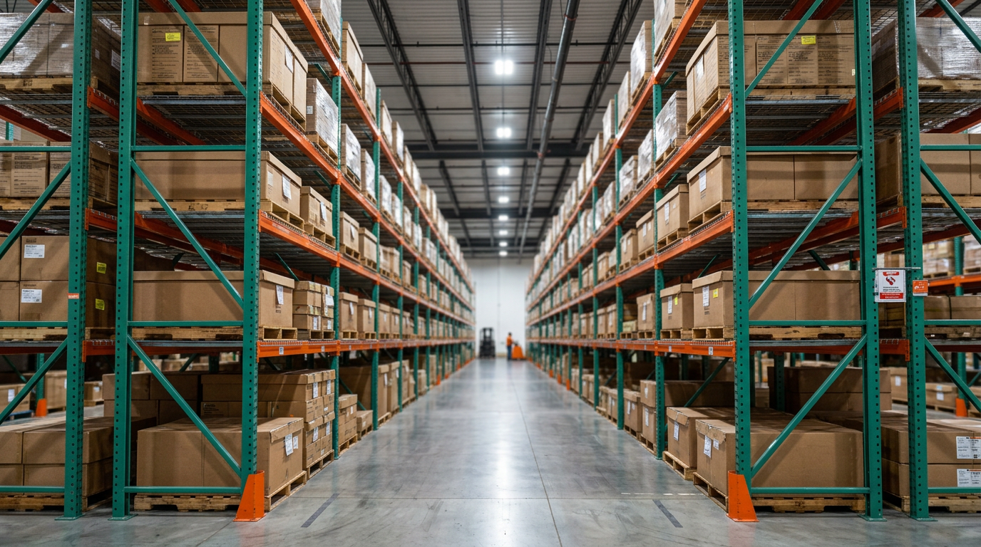 NAWL warehouse with green upright frames and orange teardrop pallet rack beams